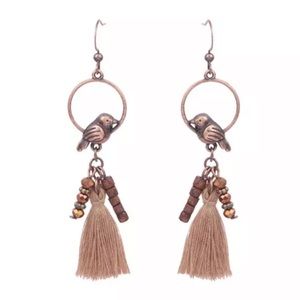 New Bohemian Bronze Perching Bird Tassel Beaded Dangle Earrings Artisan OOAK